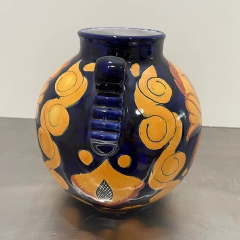 Castillo Hecho En Mexico Handmade Handled Urn Pot Red Clay Cobalt Yellow Flowers